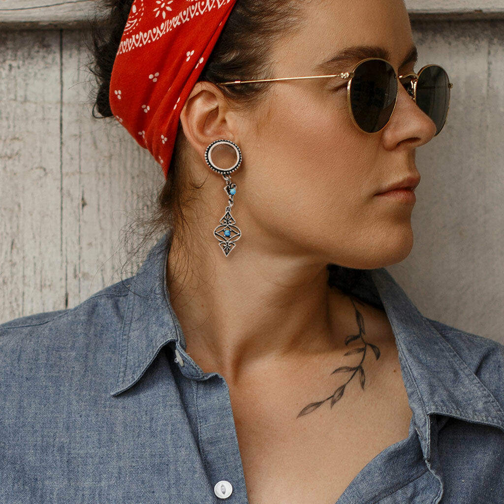 PAIR Turquoise Tribal Charms Dangle Tunnels Screw Fit Plugs Earlets Gauges