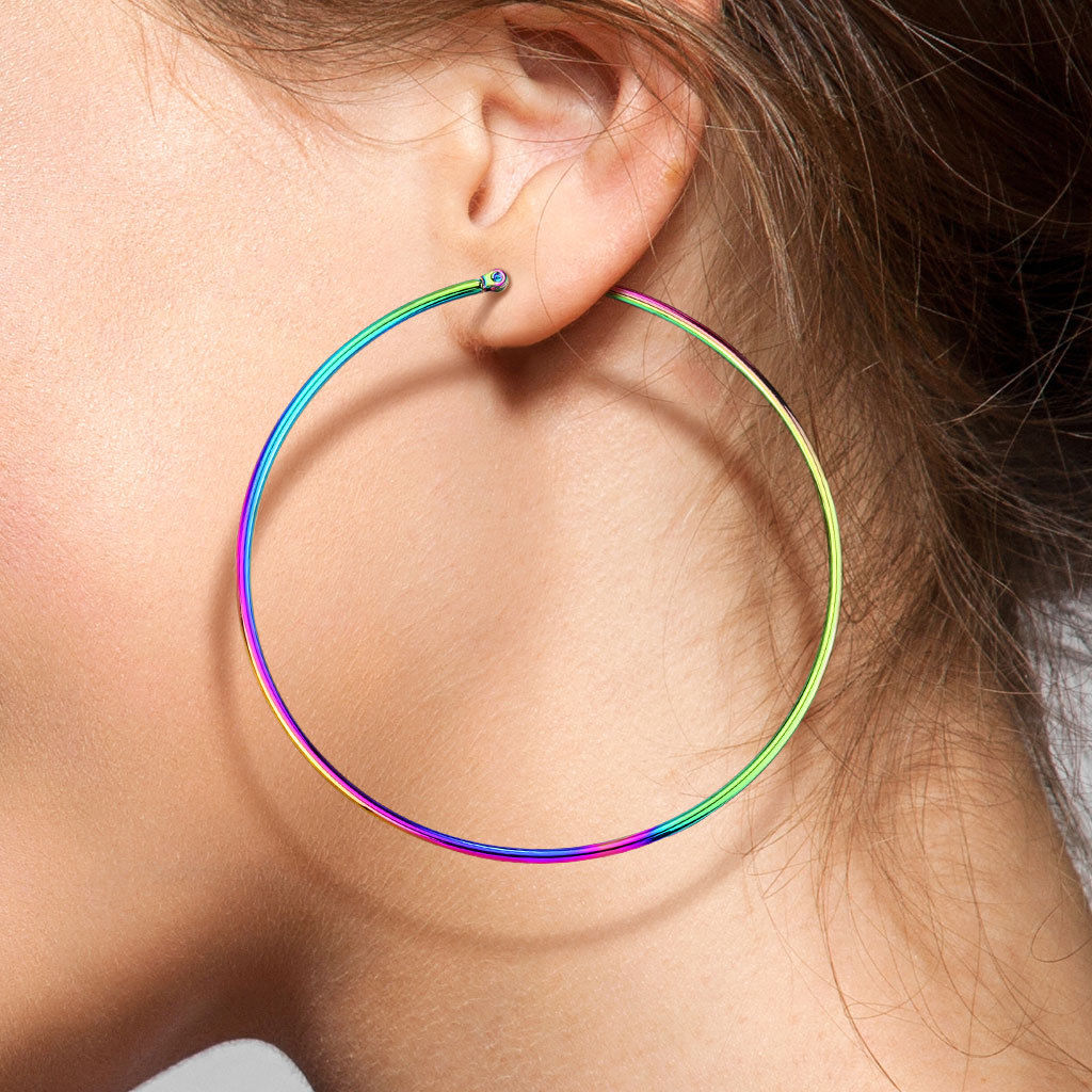 PAIR of Round Hoop Earrings 22g Rainbow Multi-color Ion Plated Stainless Steel