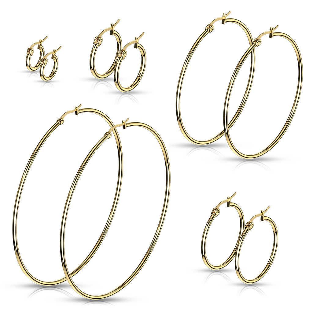 PAIR of Round Hoop Earrings 22g Gold Ion Plated Stainless Steel