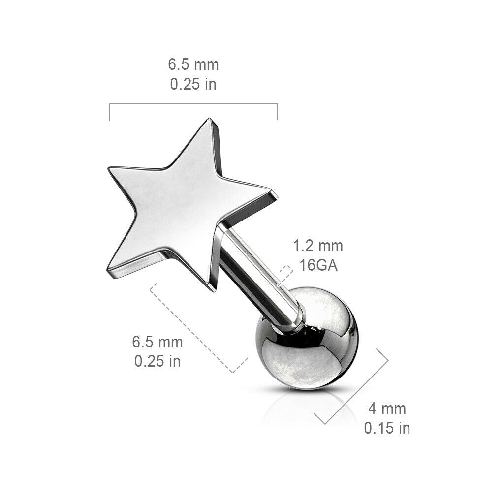 1pc Flat Star Top Helix Tragus Cartilage Bar Stud Earring 316L Surgical Steel