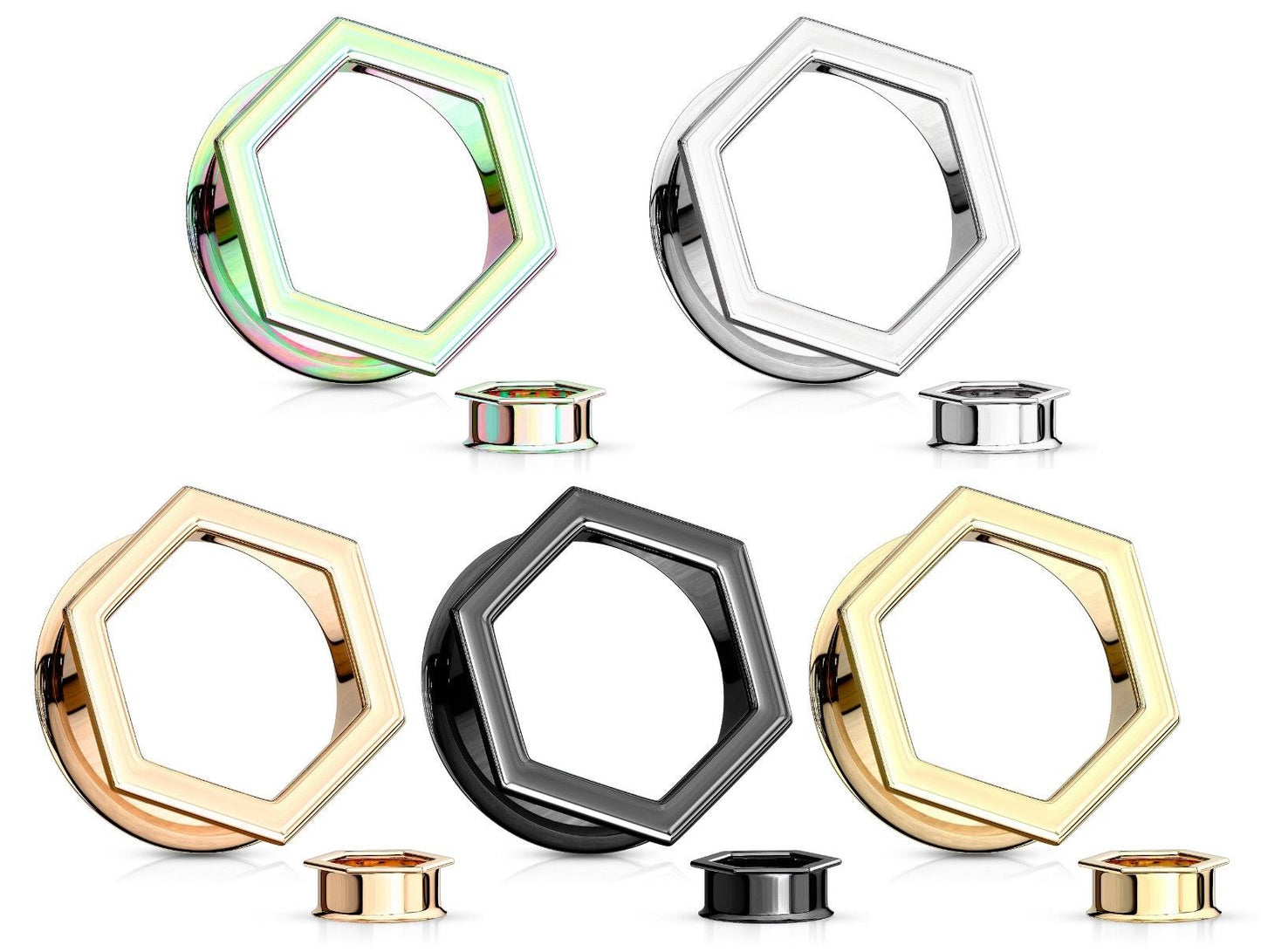 PAIR Hexagon Front Double Flare Tunnels Plugs Gauges 316L Surgical Steel