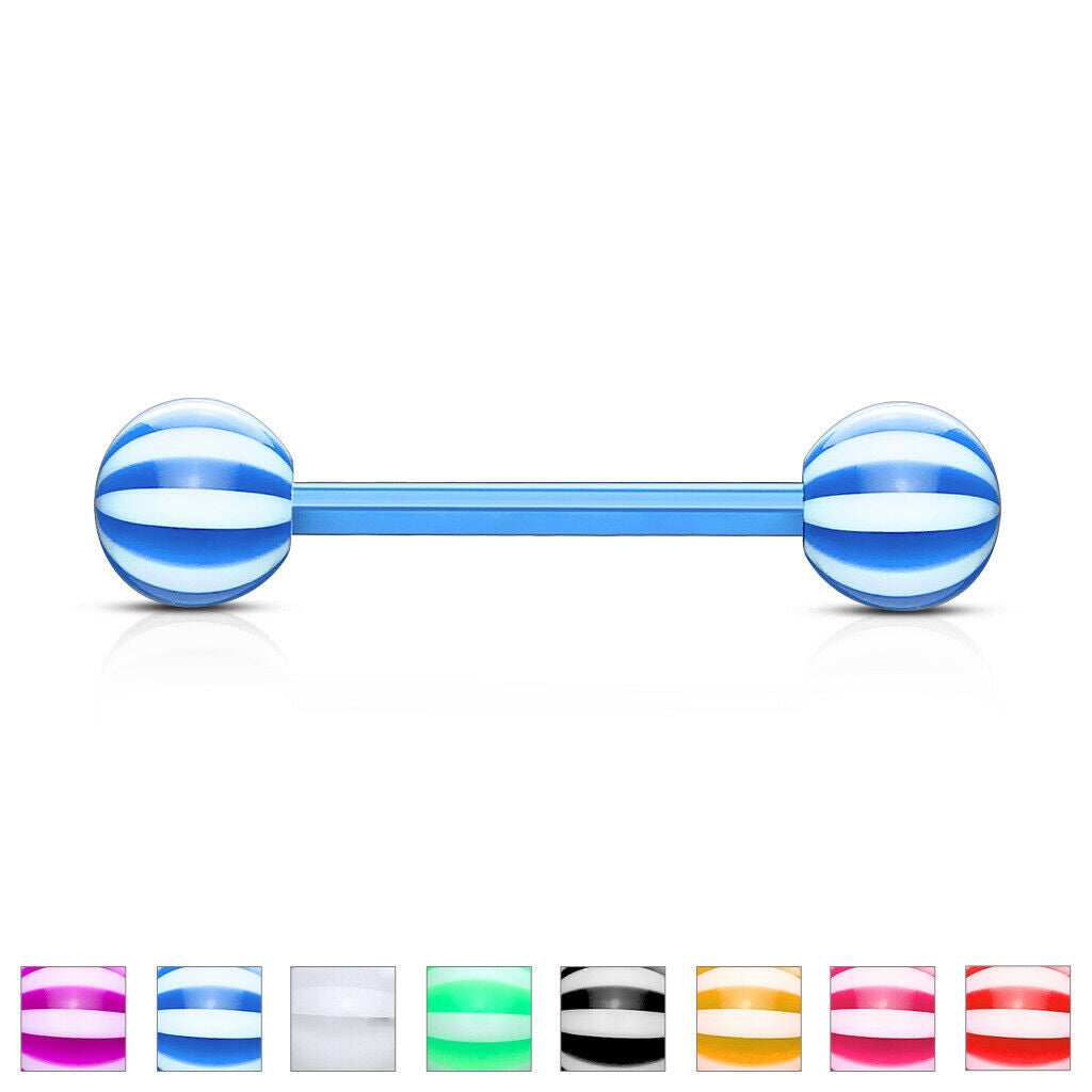PAIR Flexible Barbell Nipple or Tongue Rings PTFE Candy Striped NO METAL