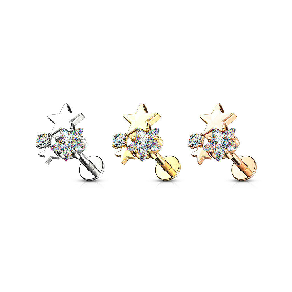 1pc Gem Stars Cluster 16g Labret Internally Threaded Steel Monroe Tragus Helix
