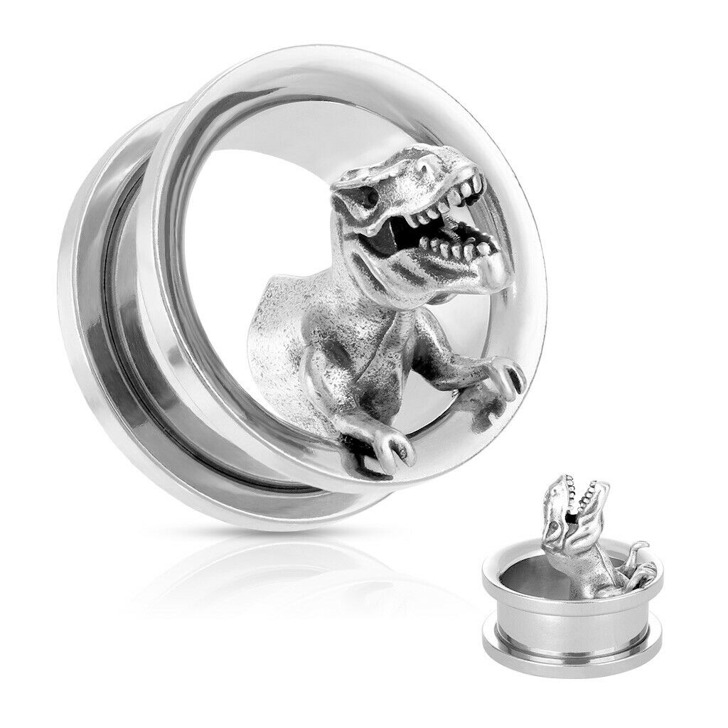 PAIR T-Rex Steel Screw Fit Tunnels Plugs Gauges Tyrannosaurus Rex Dinosaur