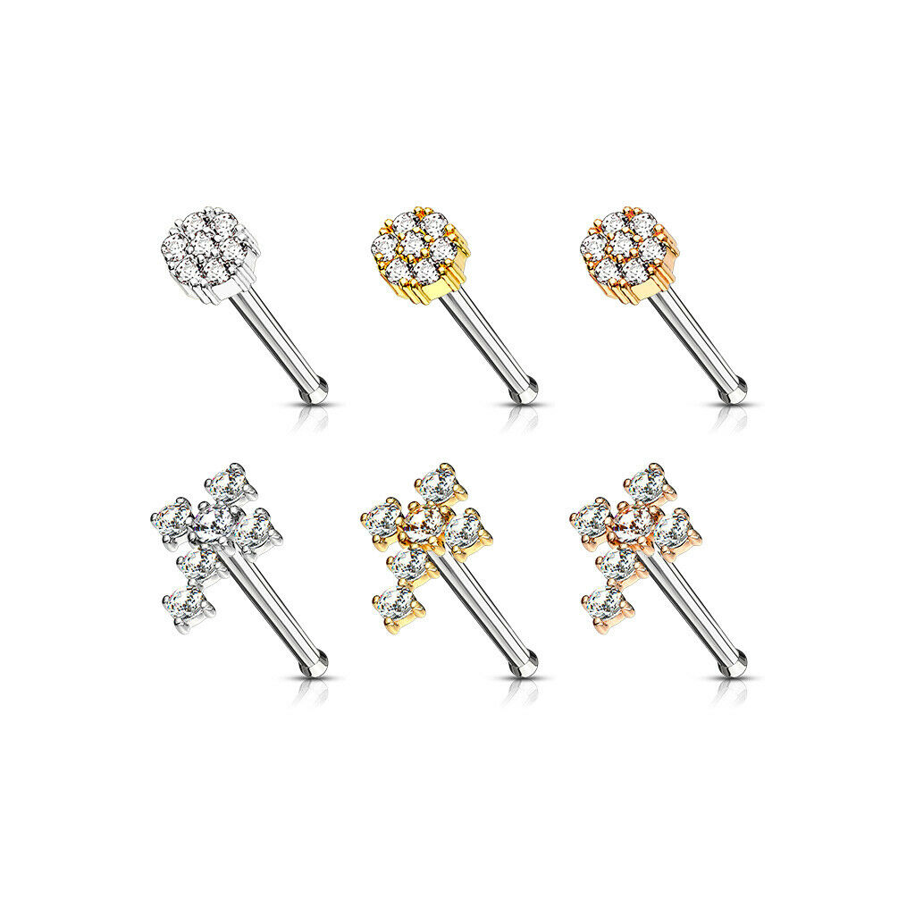 6pcs Cross & Circle Flower CZ Gem Nose Stud Bone Rings 20g Steel Box Value Pack