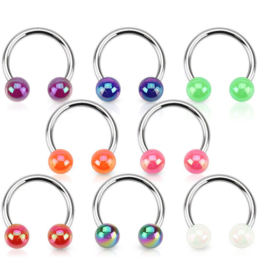 PAIR Aurora Borealis Coated Circular Barbell Horseshoes Lip Nipple Septum Rings