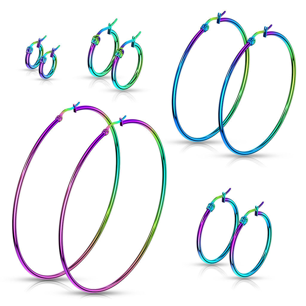 PAIR of Round Hoop Earrings 22g Rainbow Multi-color Ion Plated Stainless Steel