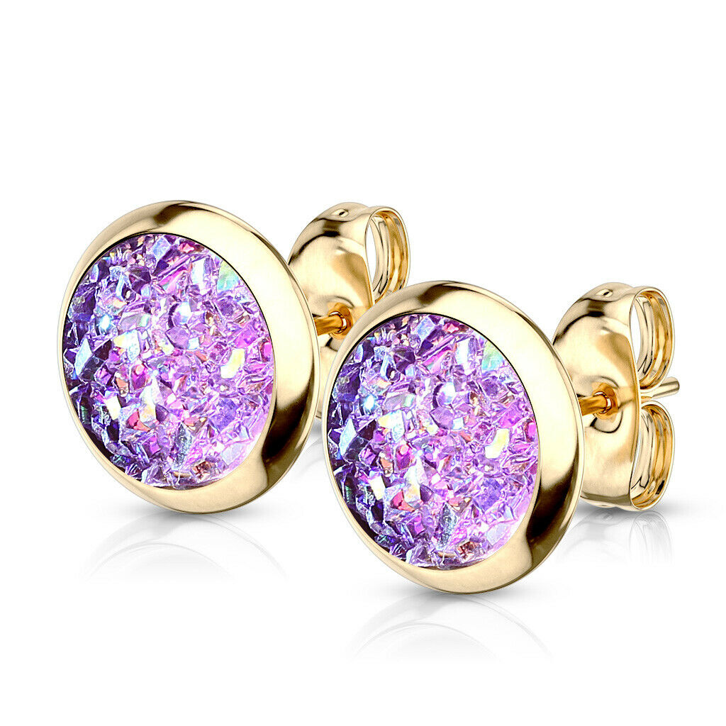 PAIR of Druzy Stone Set Stud Earrings 20g 316L Stainless Steel