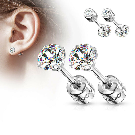 PAIR Prong Set CZ Gem Stud Earrings w/ Gem Centered Screw Back Surgical Steel