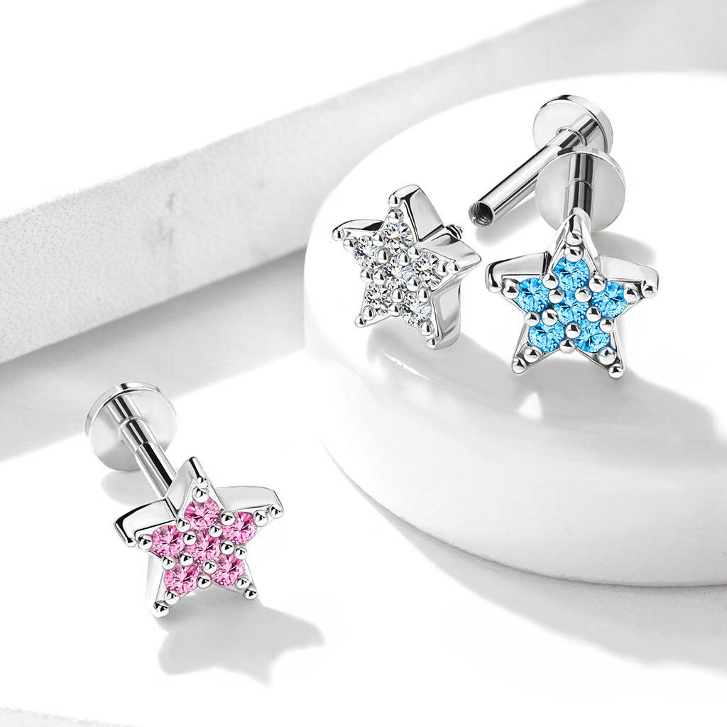 1pc CZ Paved Star 16g Labret Monroe Internally Threaded Steel Helix Tragus