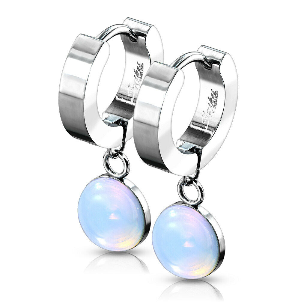 PAIR of Hinged Hoop Earrings Semi-Precious Stone Dangle 20g 316L Stainless Steel