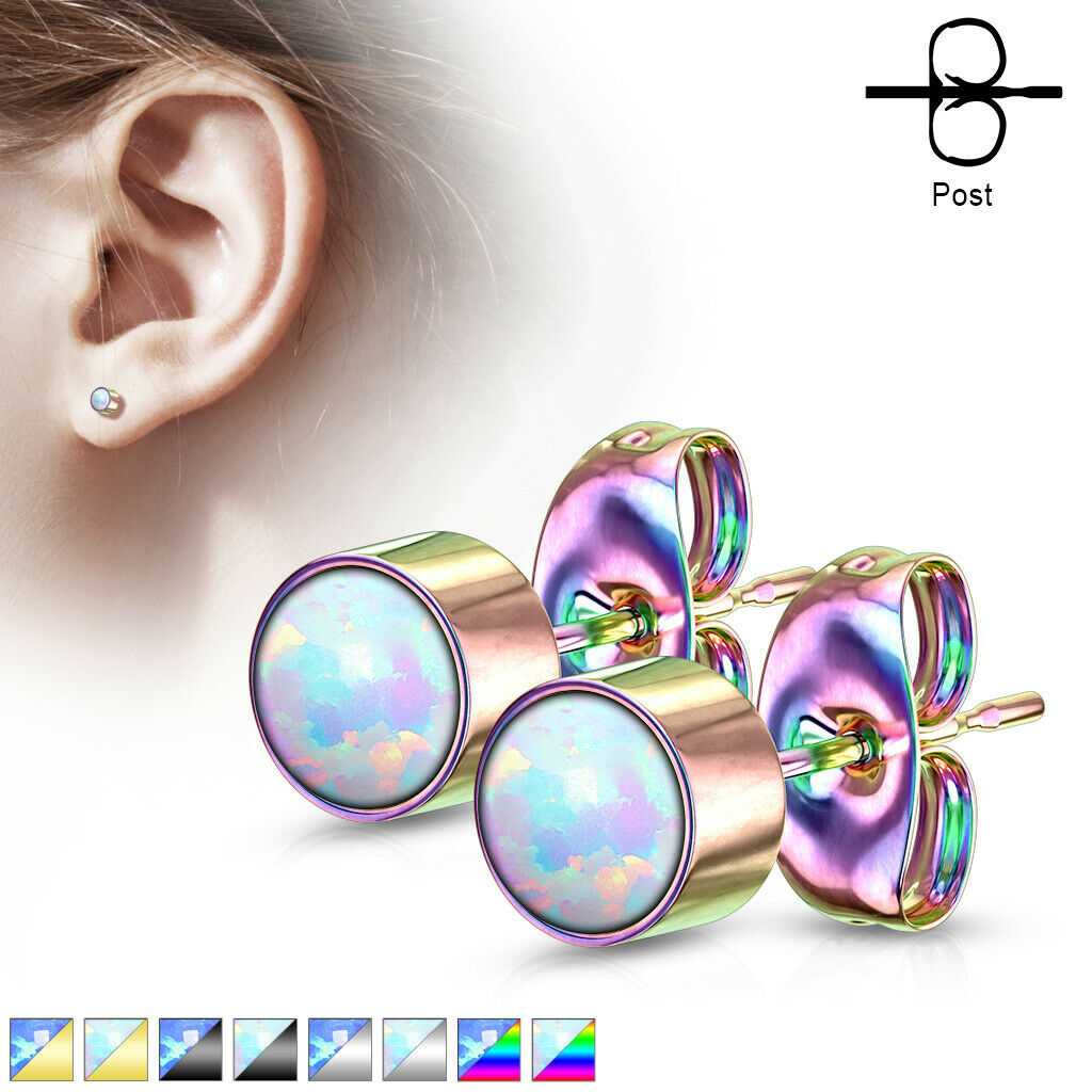 PAIR of Round Opal Bezel Set Earrings 20g 316L Stainless Steel