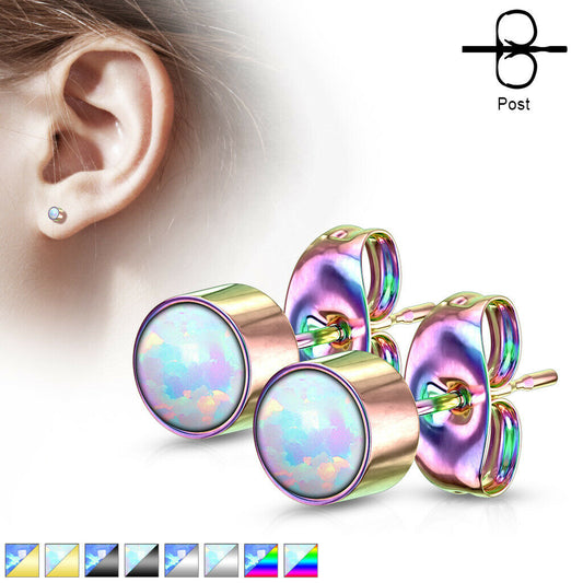 PAIR of Round Opal Bezel Set Earrings 20g 316L Stainless Steel