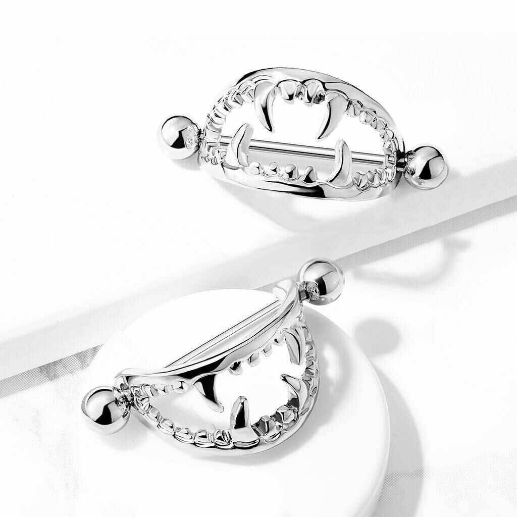 PAIR Nipple Shields Fangs Design Body Jewelry Surgical Steel Barbell Rings