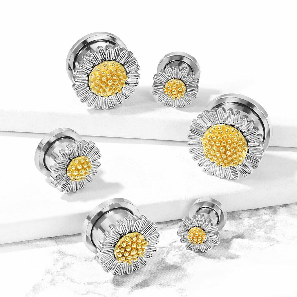 PAIR Daisy Flower Steel Screw Fit Tunnels Plugs Gauges Earlets Body Jewelry