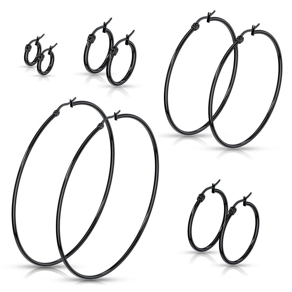 PAIR of Round Hoop Earrings 22g Black Ion Plated Stainless Steel