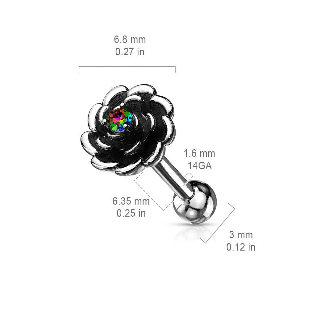 1pc Antique Silver Flower Helix Tragus Cartilage Bar Stud Earring CZ Gem Center