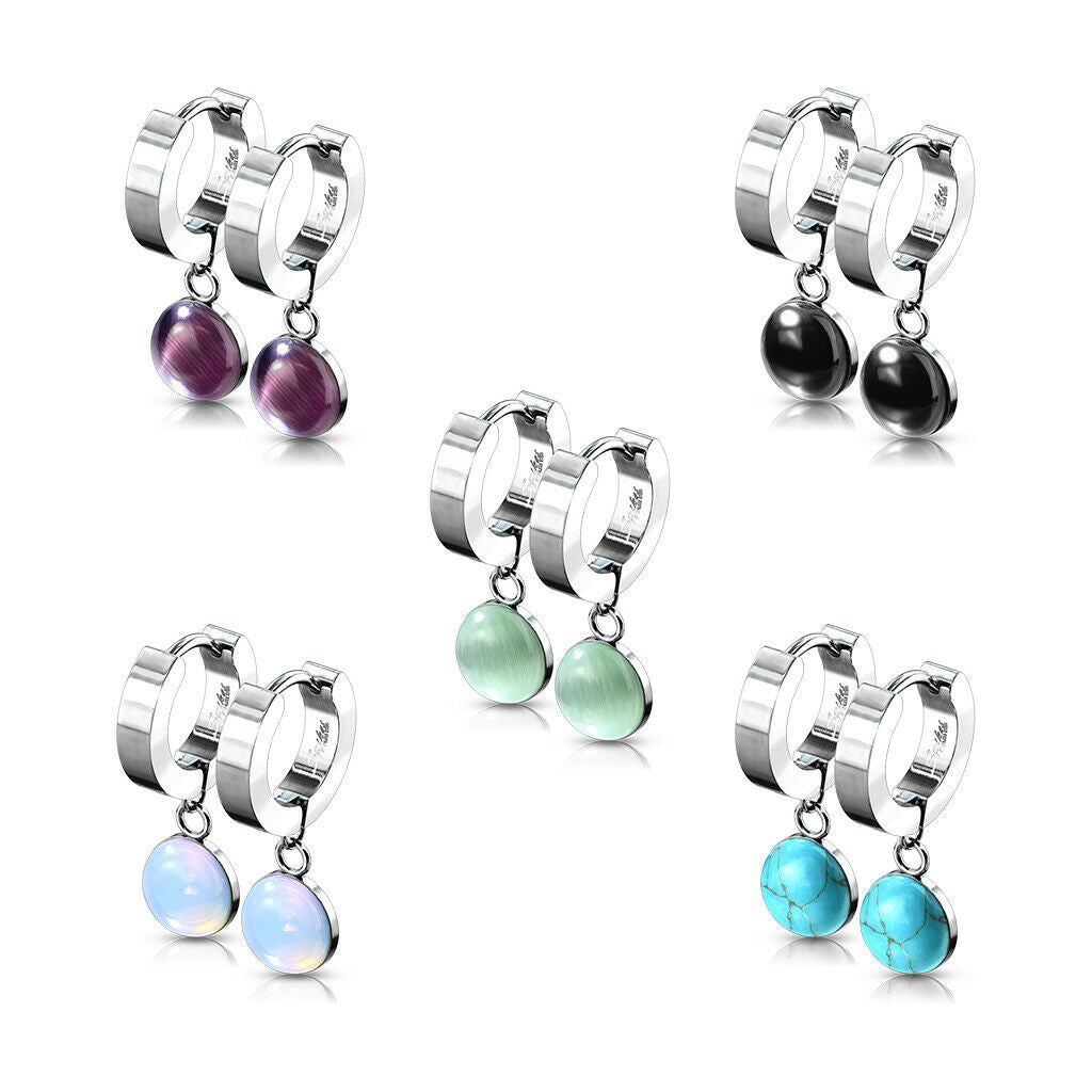 PAIR of Hinged Hoop Earrings Semi-Precious Stone Dangle 20g 316L Stainless Steel