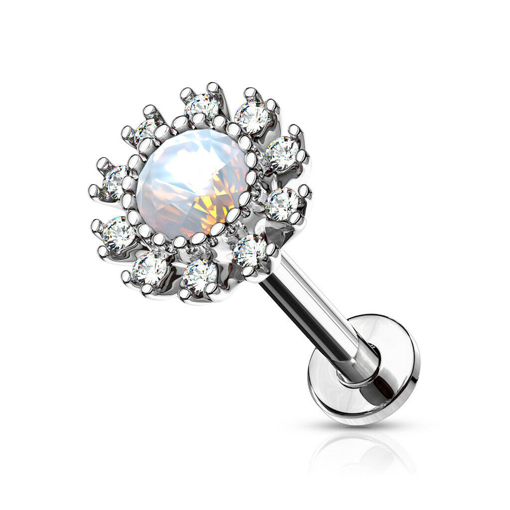 1pc Opalite Gem Flower 16g Labret Internally Threaded Steel Monroe Tragus Helix