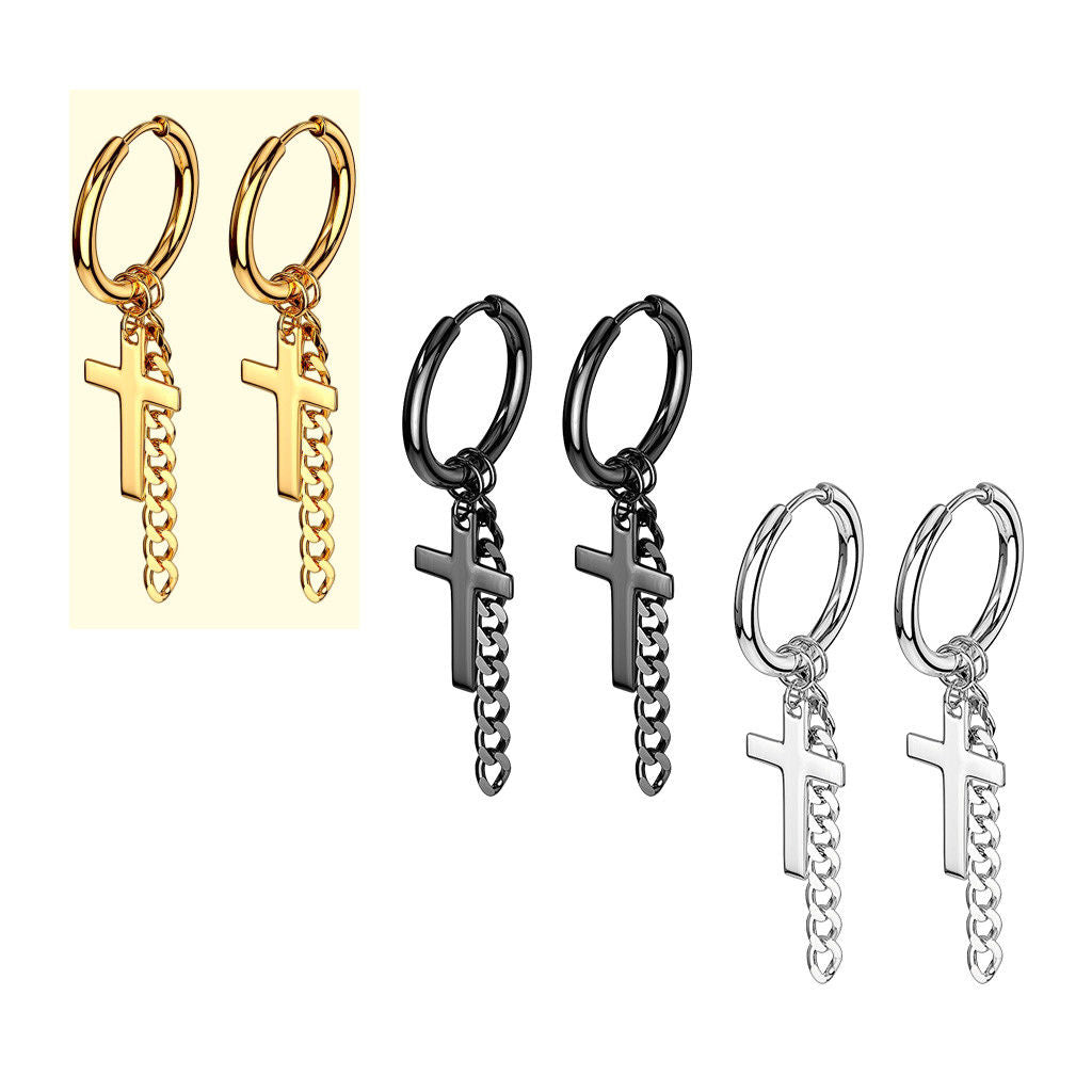 PAIR 316L Steel Hinge Action 20g Seamless Hoop Earrings w/ Cross & Chain Dangle