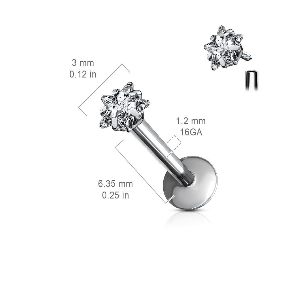 1pc Internally Threaded Solid Titanium Star Gem Labret, Monroe Stud Lip Ring