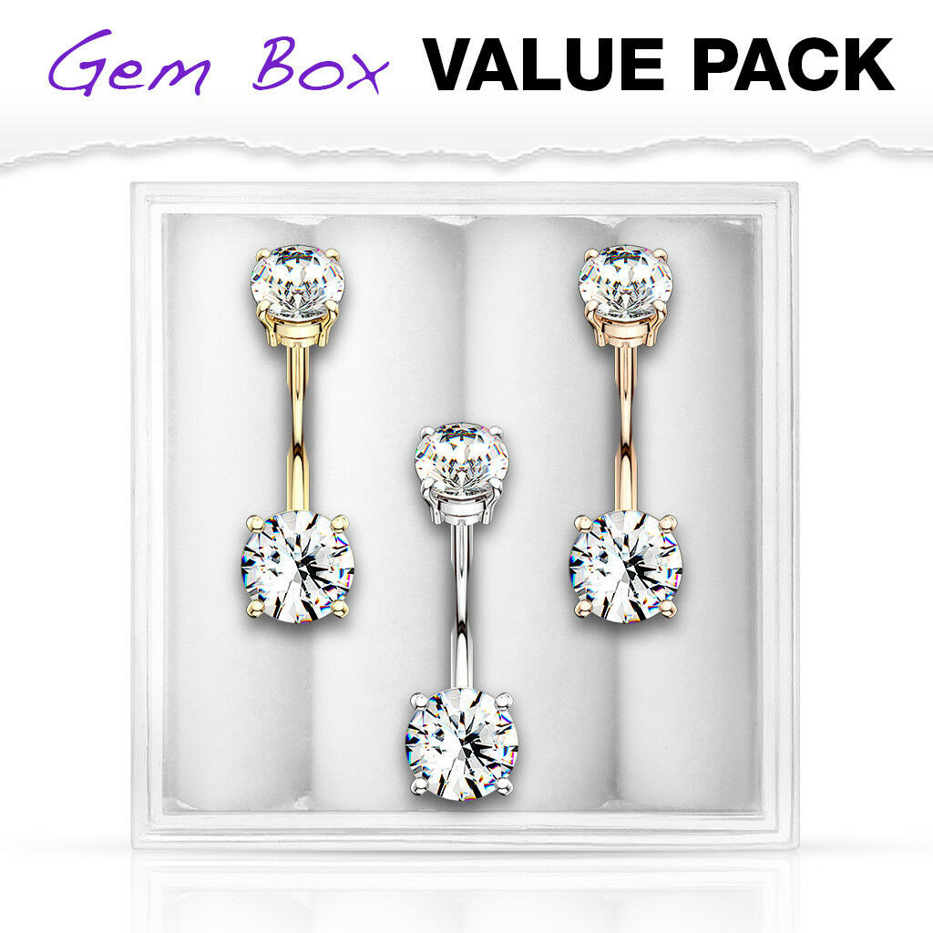 3pc Box Value Pack Belly Rings Gem Internally Threaded Navel Naval Body Jewelry