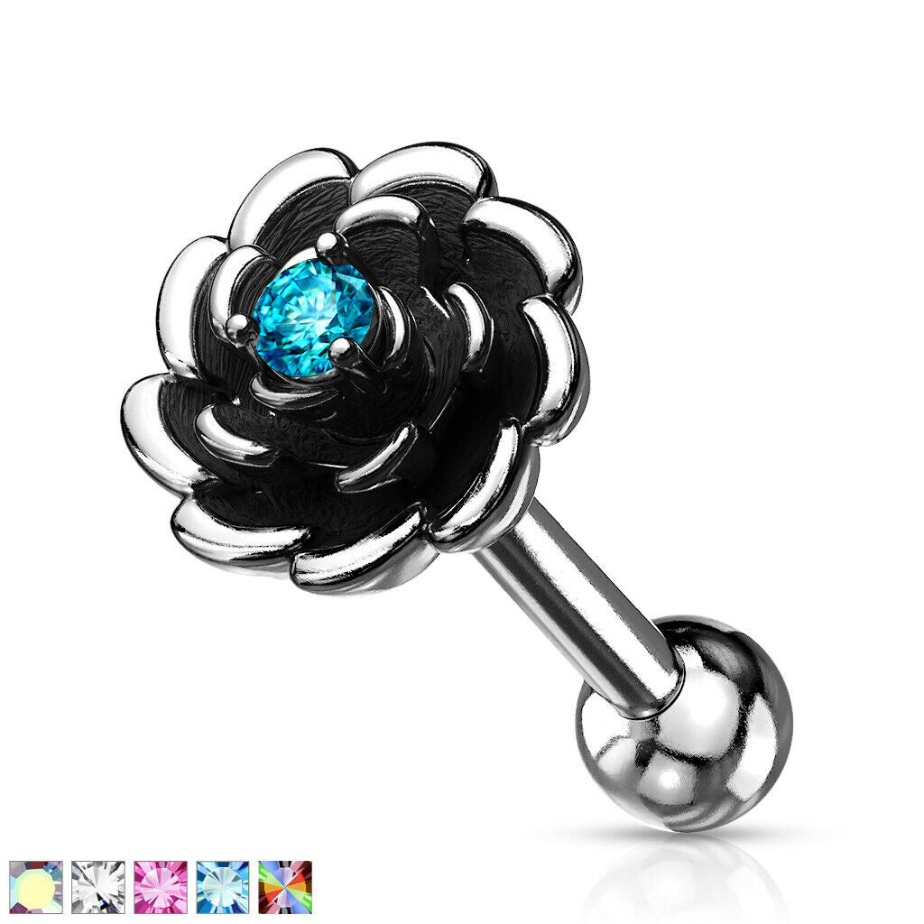 1pc Antique Silver Flower Helix Tragus Cartilage Bar Stud Earring CZ Gem Center