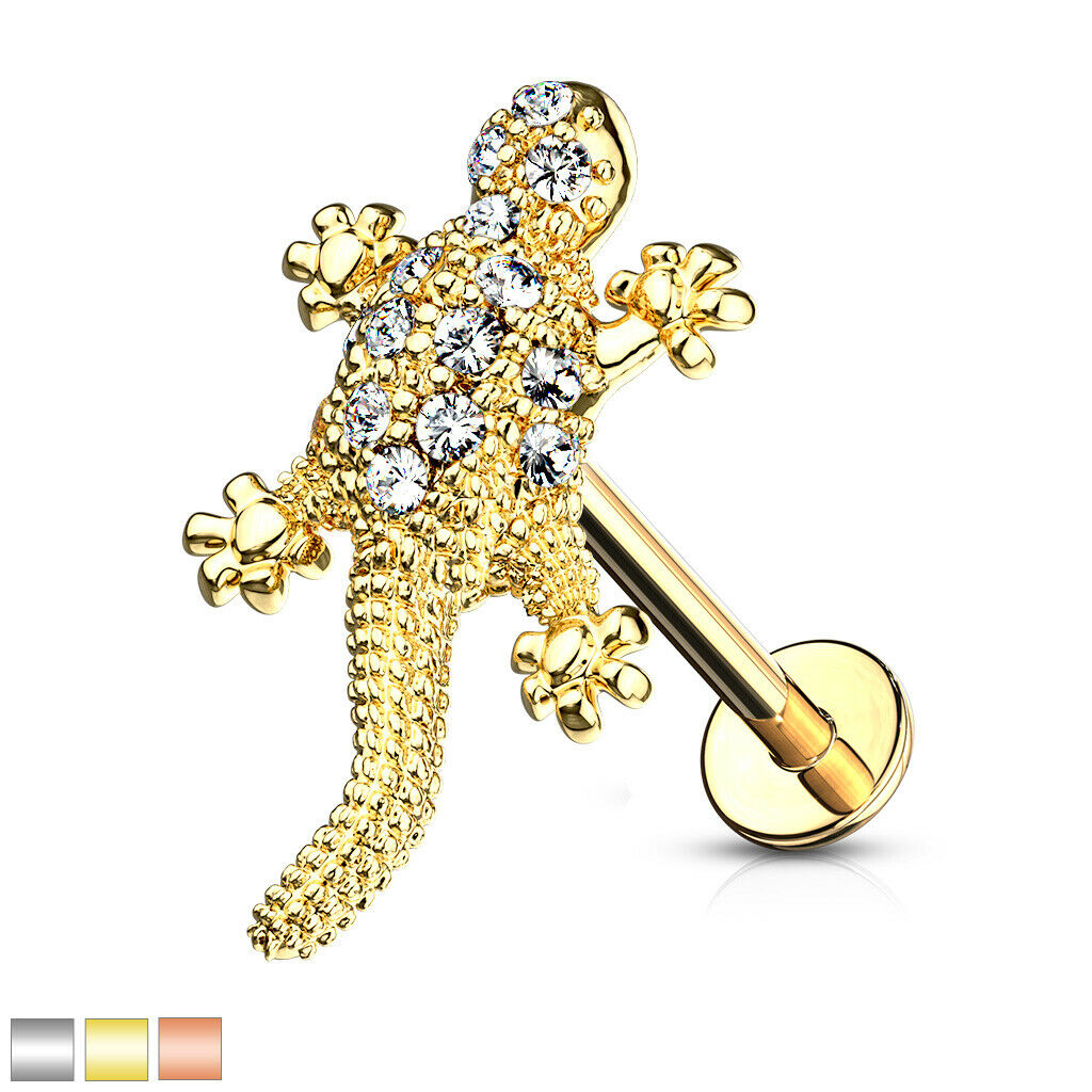 1pc CZ Paved Lizard 16g Labret Internally Threaded Steel Monroe Tragus Helix
