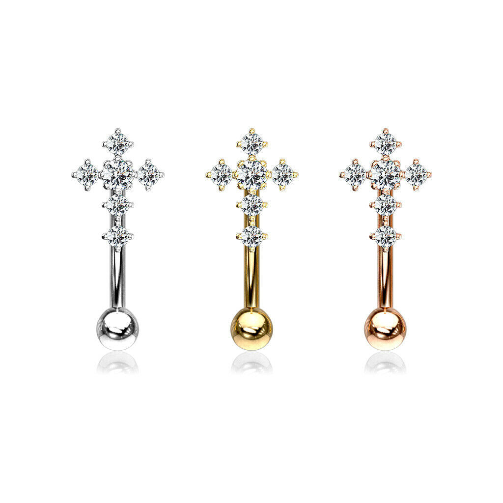 1pc CZ Gem Paved Cross Eyebrow Ring 16g Curved Barbell 16 Gauge