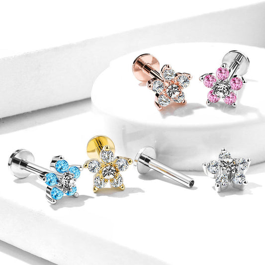 1pc Double Tier Gem Flower Labret 16g Internally Threaded Helix Tragus Cartilage