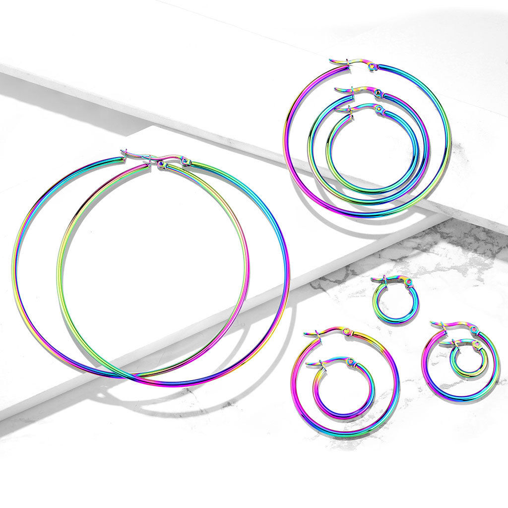 PAIR of Round Hoop Earrings 22g Rainbow Multi-color Ion Plated Stainless Steel