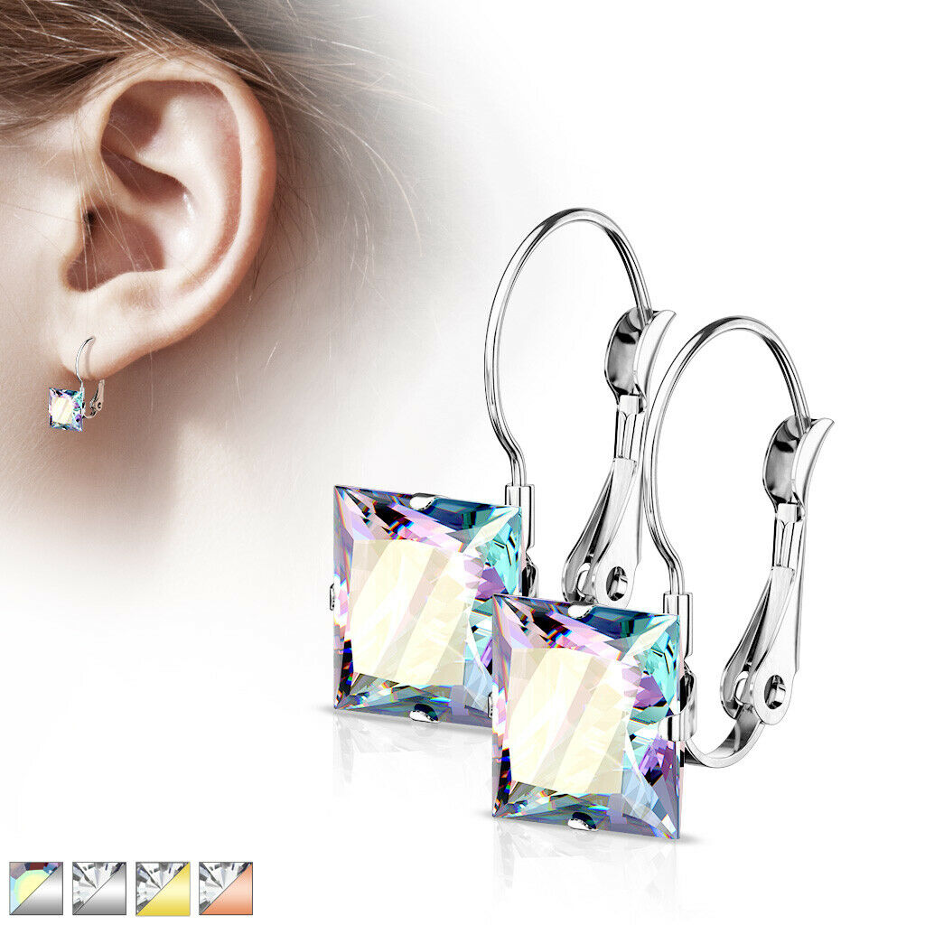 PAIR of Square CZ Gem Earrings w/ Lever Back 20g 316L Stainless Steel