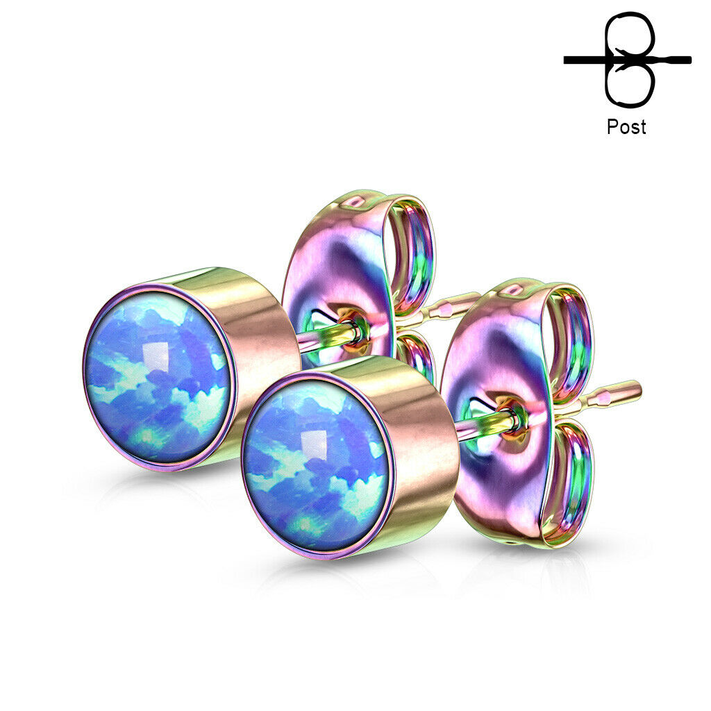 PAIR of Round Opal Bezel Set Earrings 20g 316L Stainless Steel