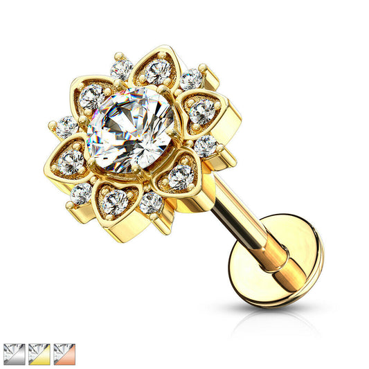 1pc CZ Paved Flower 16g Labret Internally Threaded Steel Monroe Tragus Helix