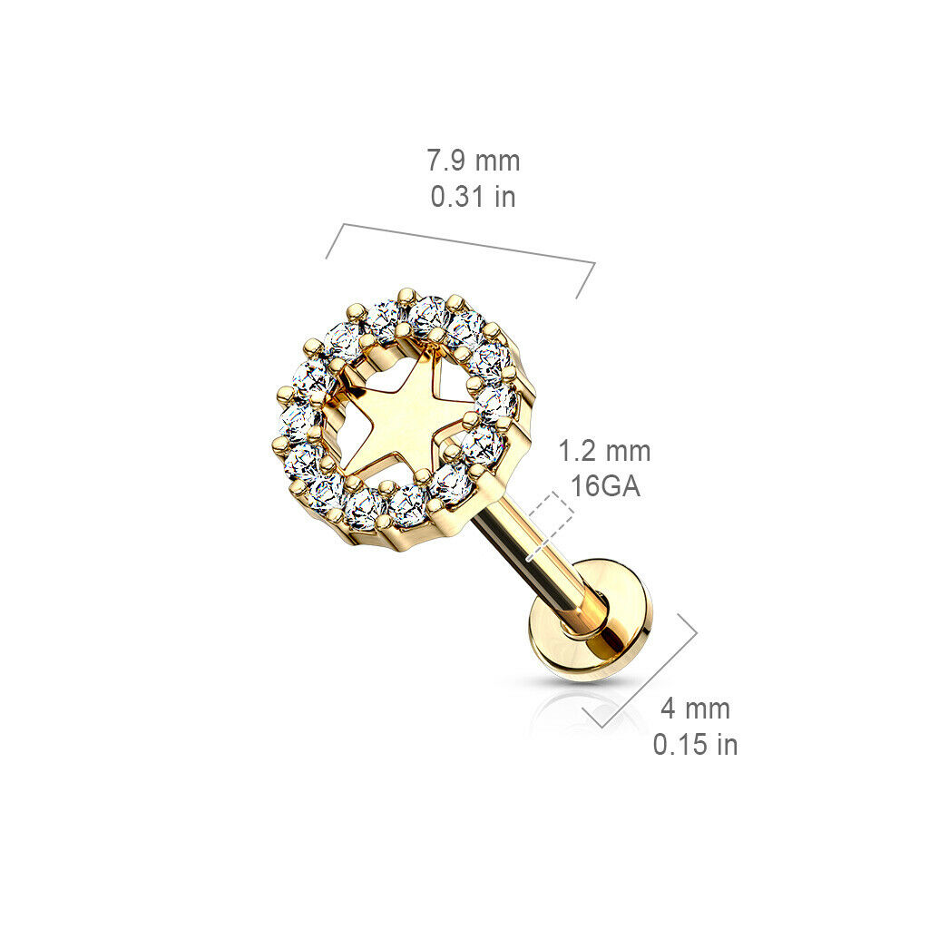 1pc Gem Circle Star 16g Labret Internally Threaded Steel Monroe Tragus Helix