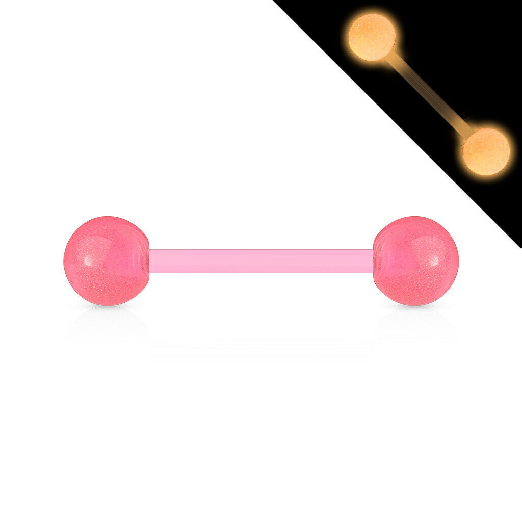 PAIR Flexible Barbell Nipple or Tongue Rings PTFE Glow In The Dark NO METAL