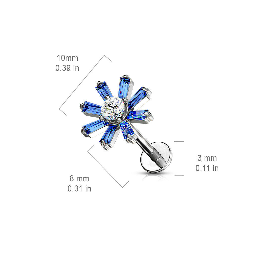 1pc Baguette Crystal Petals Labret 16g Internally Threaded Steel Helix Tragus