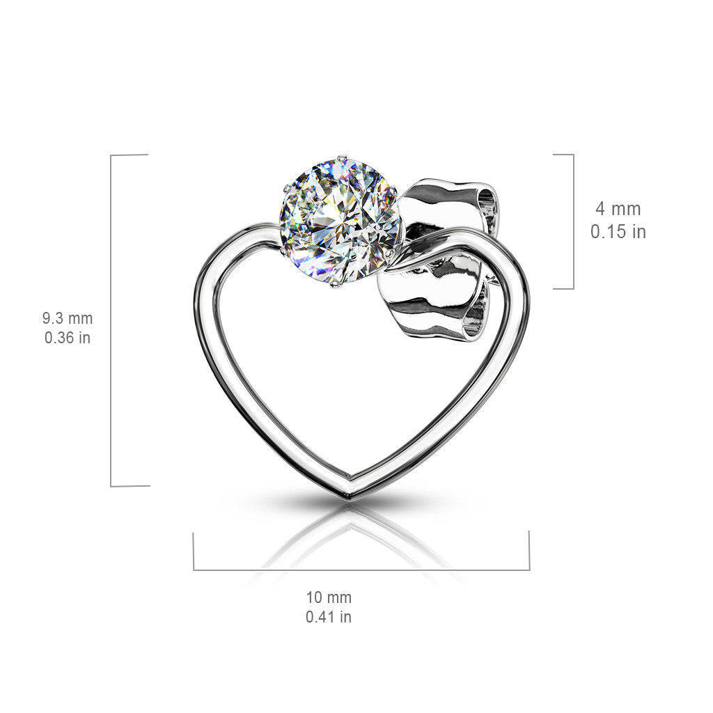 PAIR of CZ Gem Solitaire IP Stainless Steel 20g Earrings w/ Heart
