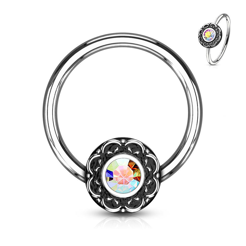 1pc Crystal Centered Filigree Surgical Steel Captive Bead Ring