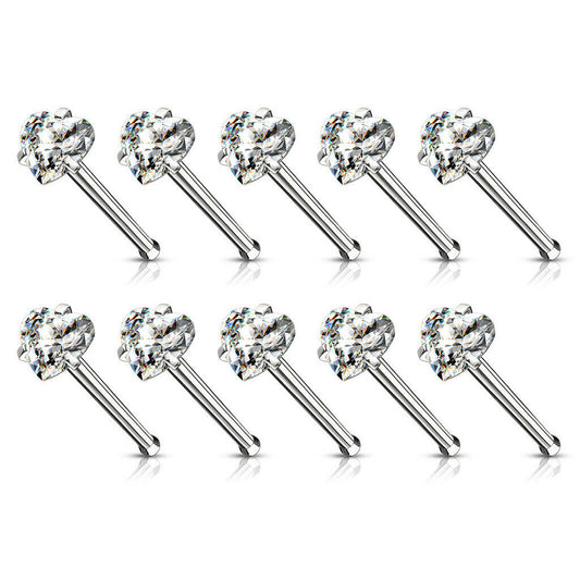 10pcs Prong Set Clear Heart Gem Nose Ring Studs 18g 20g Wholesale Body Jewelry