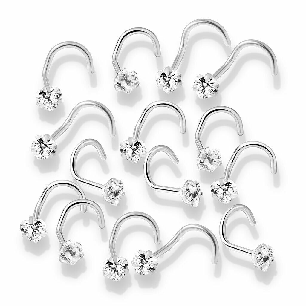 10pcs Prong Set Clear Heart Gem Nose Ring Screws 18g 20g Wholesale Body Jewelry