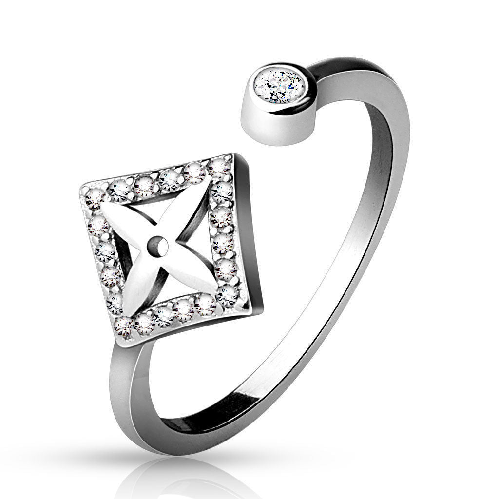 .925 Sterling Silver CZ Paved Square w/ Cross Adjustable Toe Ring