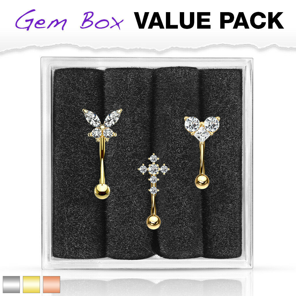 3pc Box Value Pack Steel Eyebrow Rings Curved Barbells Butterfly, Cross, Heart