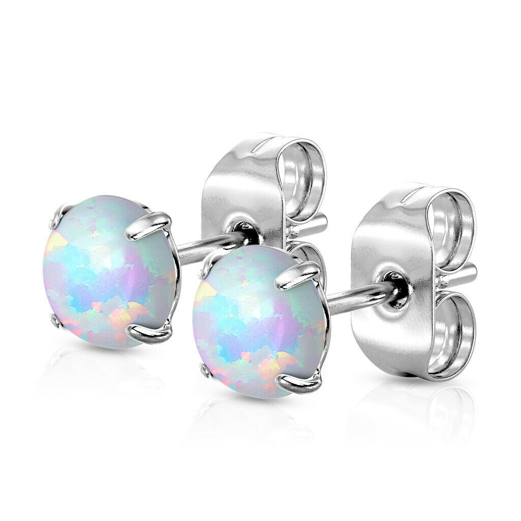 PAIR Prong Set Opal Earrings 316L Surgical Steel - choose from 2 colors, 3 sizes