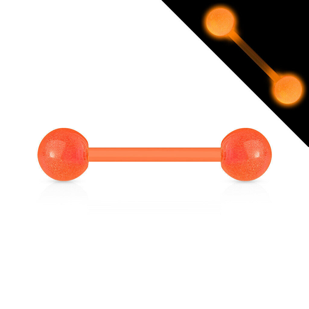 PAIR Flexible Barbell Nipple or Tongue Rings PTFE Glow In The Dark NO METAL