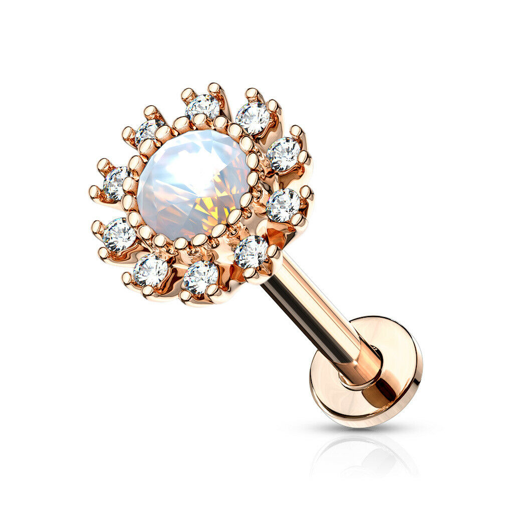 1pc Opalite Gem Flower 16g Labret Internally Threaded Steel Monroe Tragus Helix