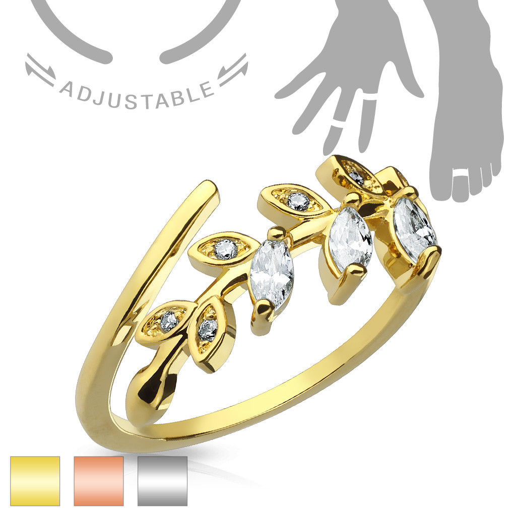 Marquise Cut CZ Gem Leaf Leaves Vine Adjustable Mid Ring / Toe Ring