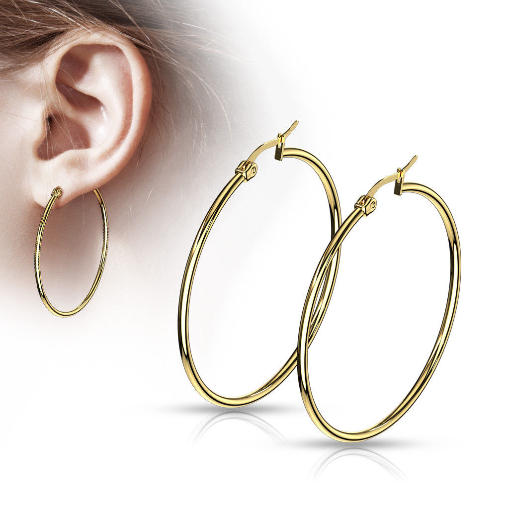 PAIR of Round Hoop Earrings 22g Gold Ion Plated Stainless Steel