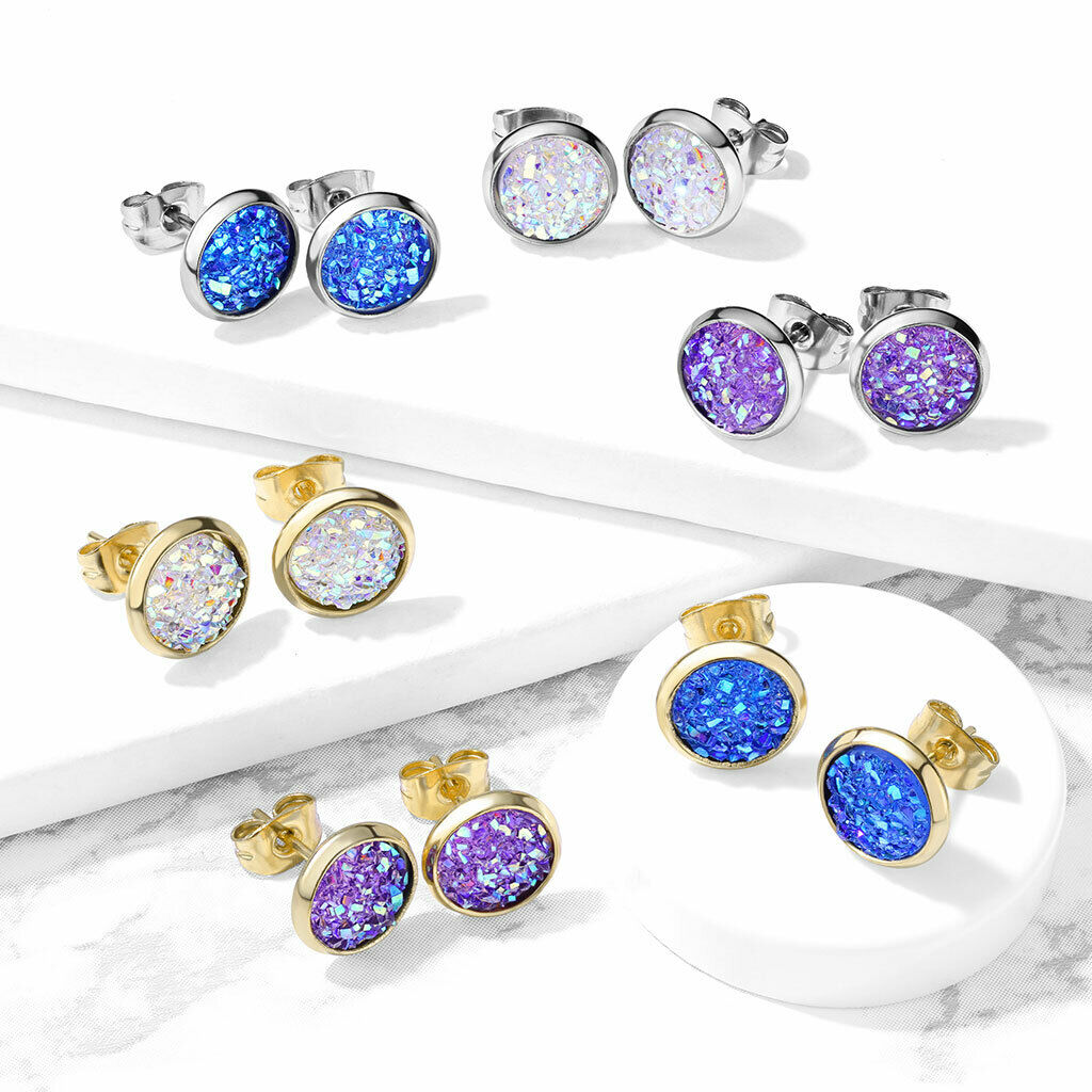 PAIR of Druzy Stone Set Stud Earrings 20g 316L Stainless Steel