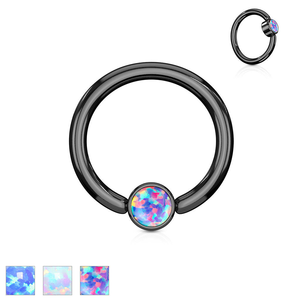 1pc Opal Set Flat-Back Black Plated Captive Bead Ring